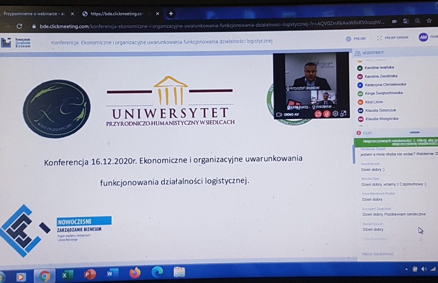 Widok ekranu komputera - konferencja on-line i slajd powitalny konferencji
